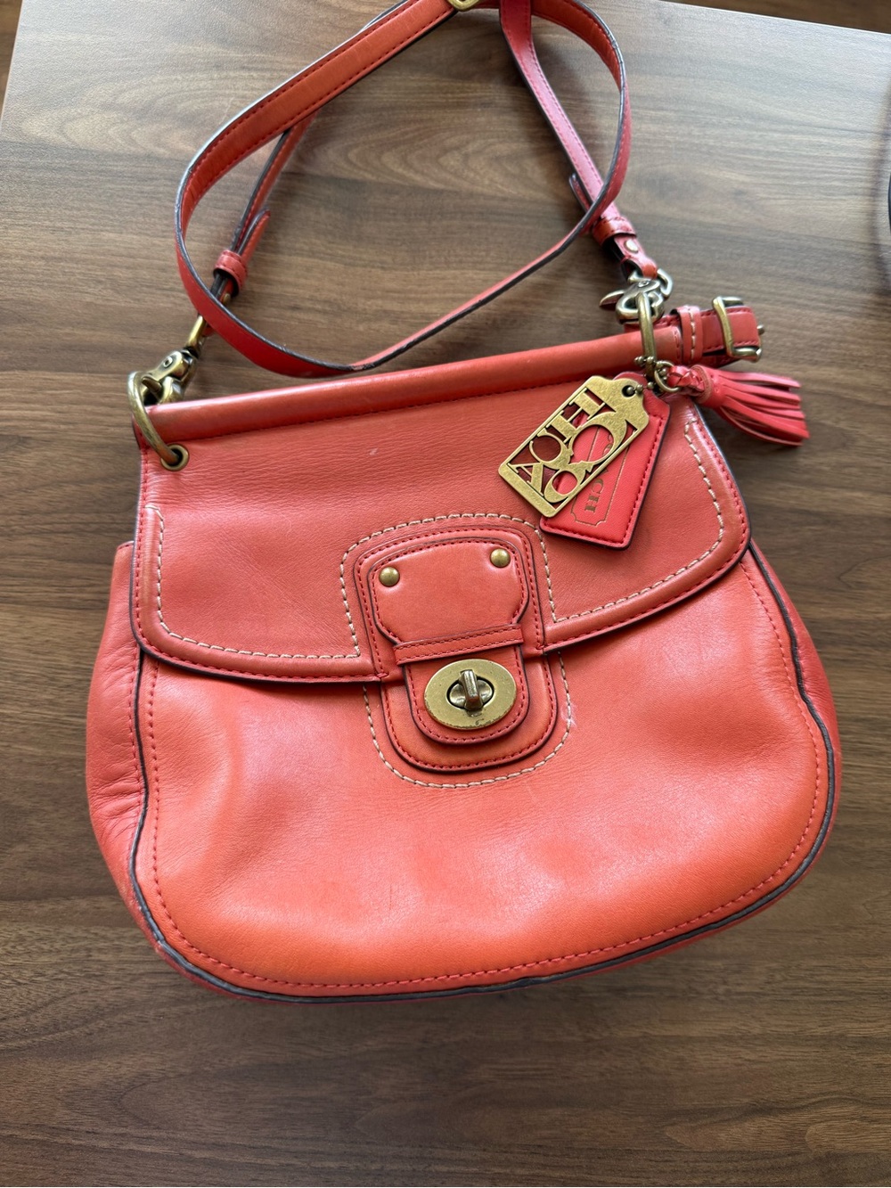 Coach Coral-Orange Leather Turnlock Shoulder Bag